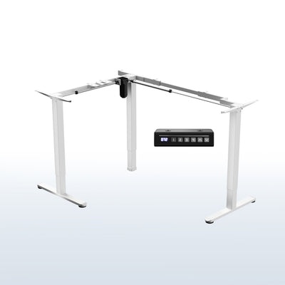 White L-shaped adjustable desk with a black control panel on a white background