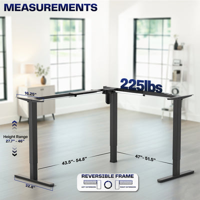 Electric adjustable, corner desk frame with measurements and weight capacity displayed