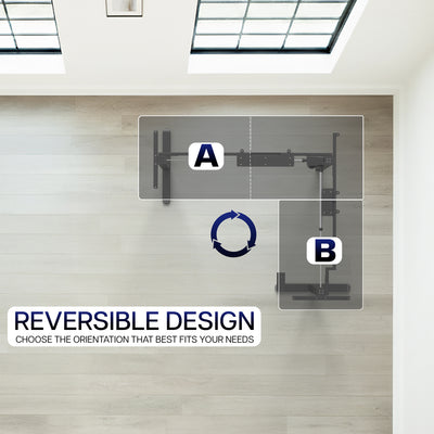 Reversible design desk frame on a neutral background with text indicating choice options.