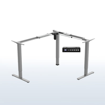 L-shaped adjustable gray desk frame with a control panel on a white background