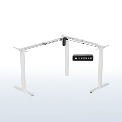 White L-shaped adjustable desk frame with control panel on a white background