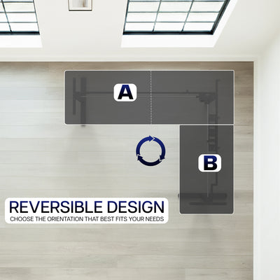 Reversible design desk frame on a wooden floor with labels A and B.