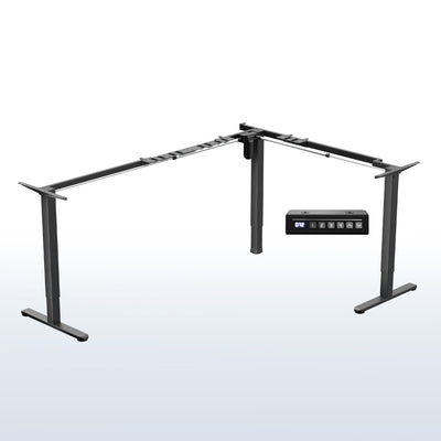 Black L-shaped adjustable desk with a control panel on a white background