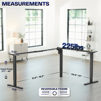 Measurement chart of an adjustable desk frame with dimensions and weight capacity.