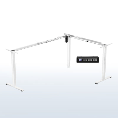 White L-shaped desk frame with a control panel on a white background