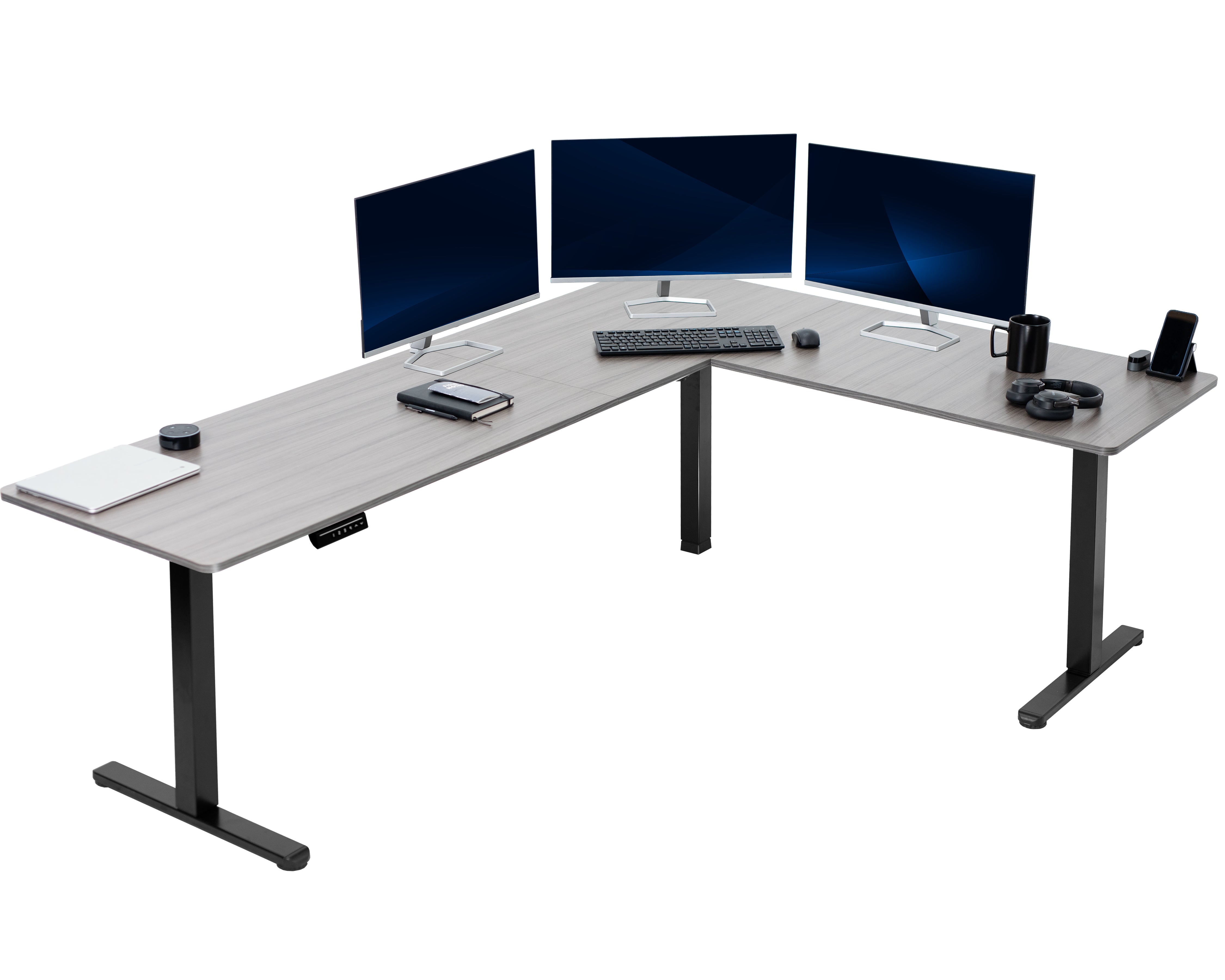 Electric heavy-duty large corner desk workstation for modern office workspaces.