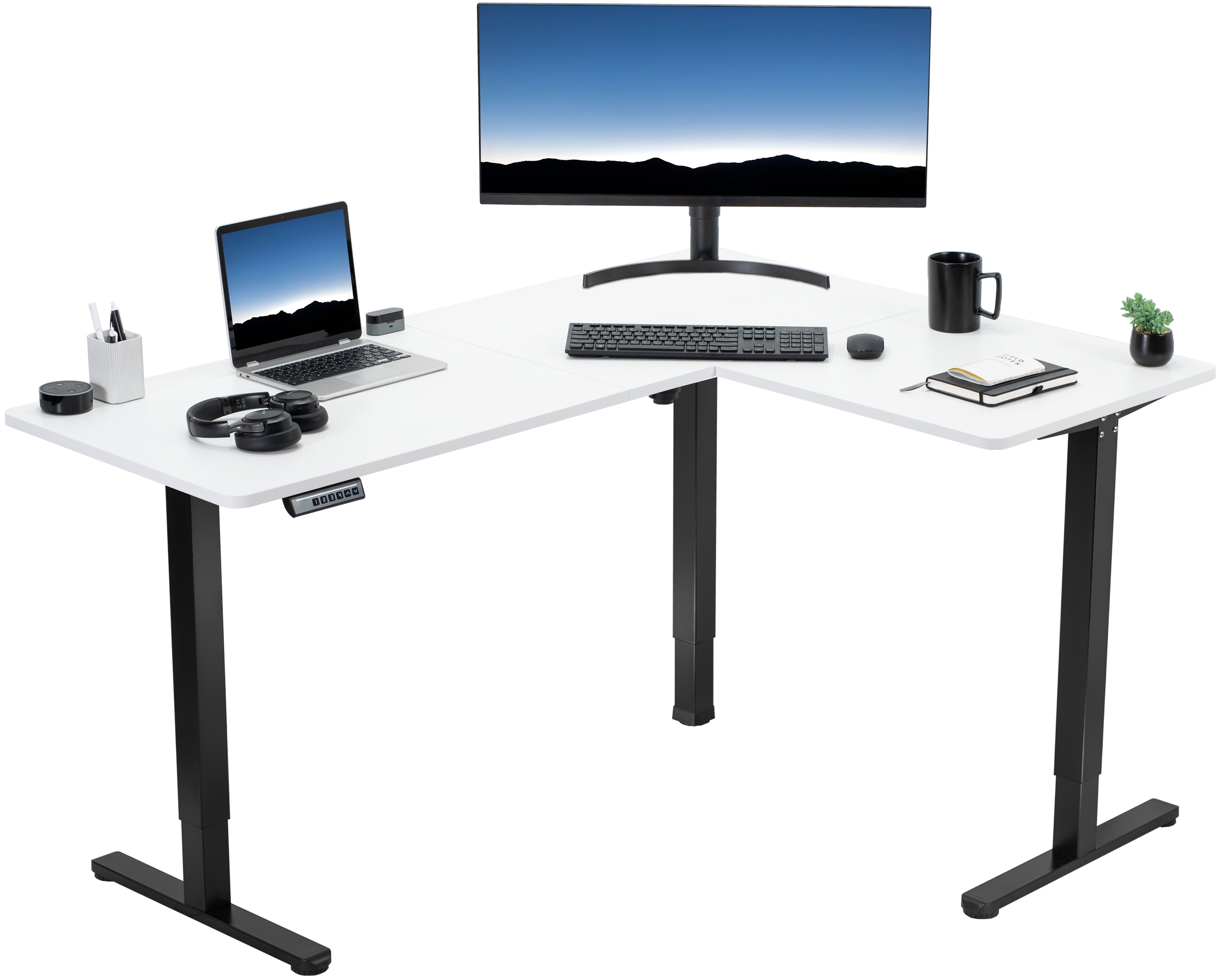 Electric heavy-duty corner desk workstation for modern office workspaces.