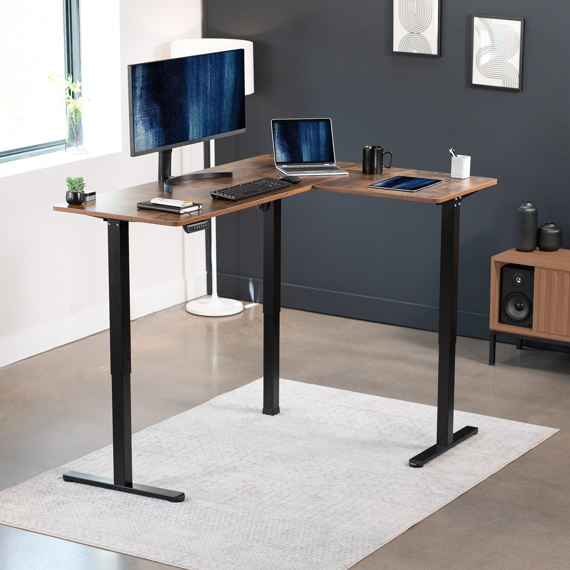 Electric heavy-duty, rustic corner desk workstation for modern office workspaces.