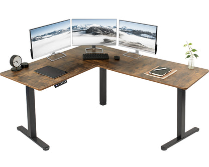 Heavy-duty electric height adjustable corner desk workstation for active sit or stand efficient workspace.