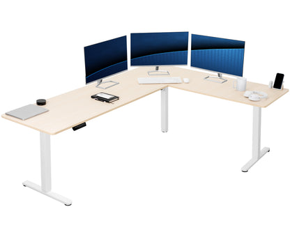 Electric heavy-duty large corner desk workstation for modern office workspaces.