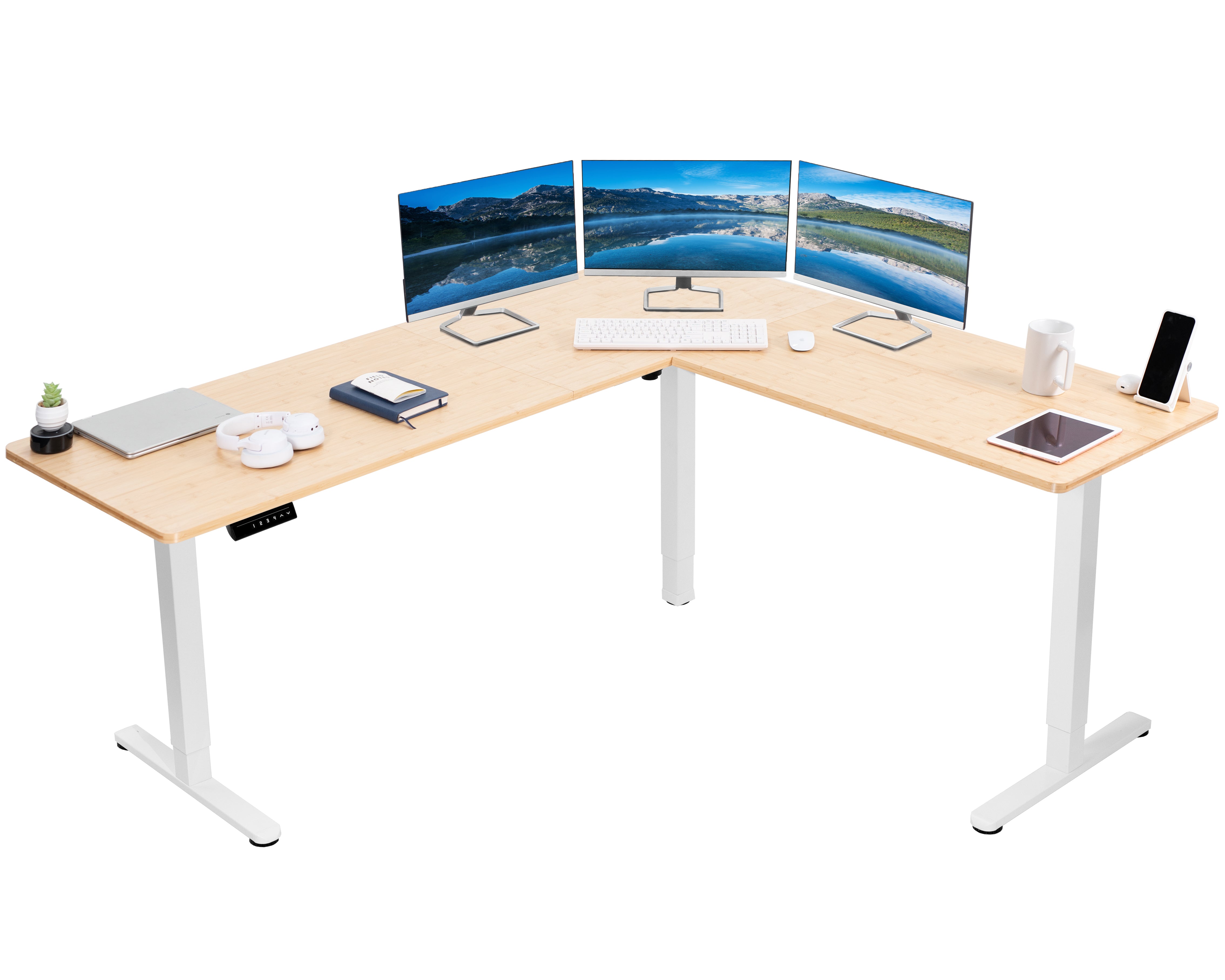 Electric heavy-duty real bamboo corner desk workstation for modern office workspaces. 