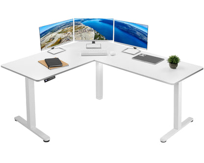 Heavy-duty electric height adjustable corner desk workstation for active sit or stand efficient workspace.