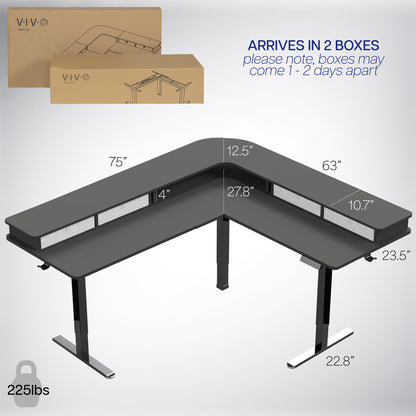 Dual-tier height adjustable electric corner desk with built-in shelving