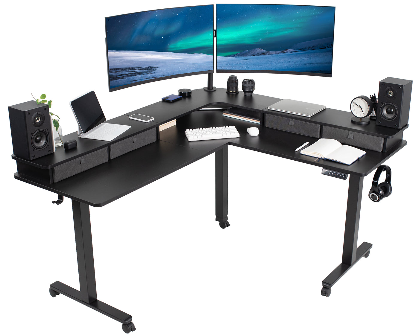 Dual-tier height adjustable electric corner desk with built-in shelving