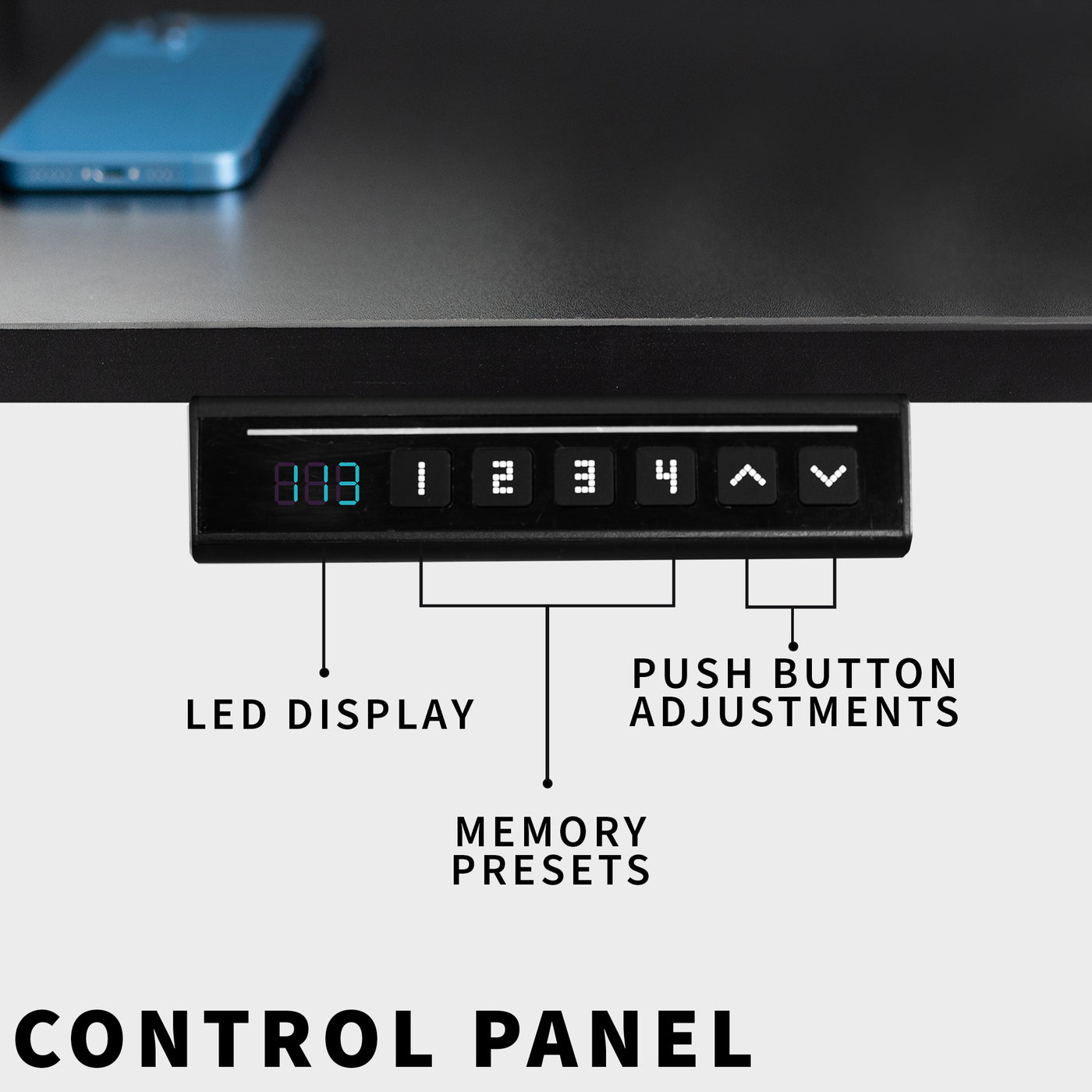Advanced controller panel with three memory presets and a power-saving mode activated by touch.