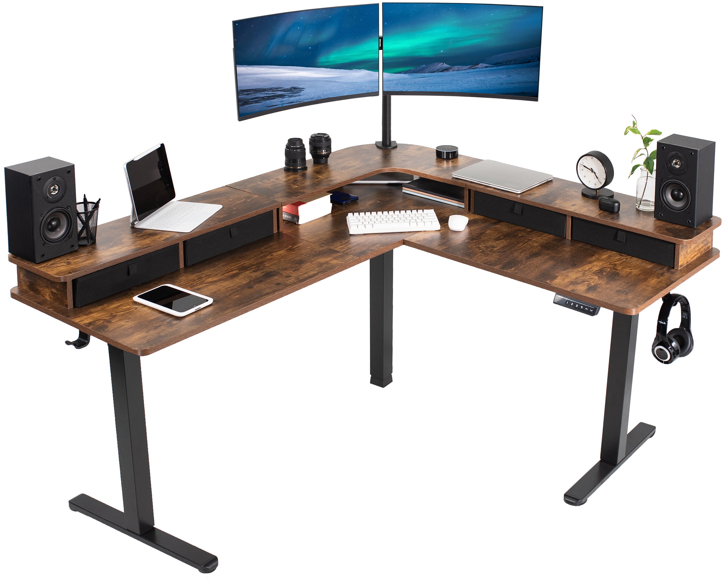 Dual-tier height adjustable electric corner desk with built-in shelving