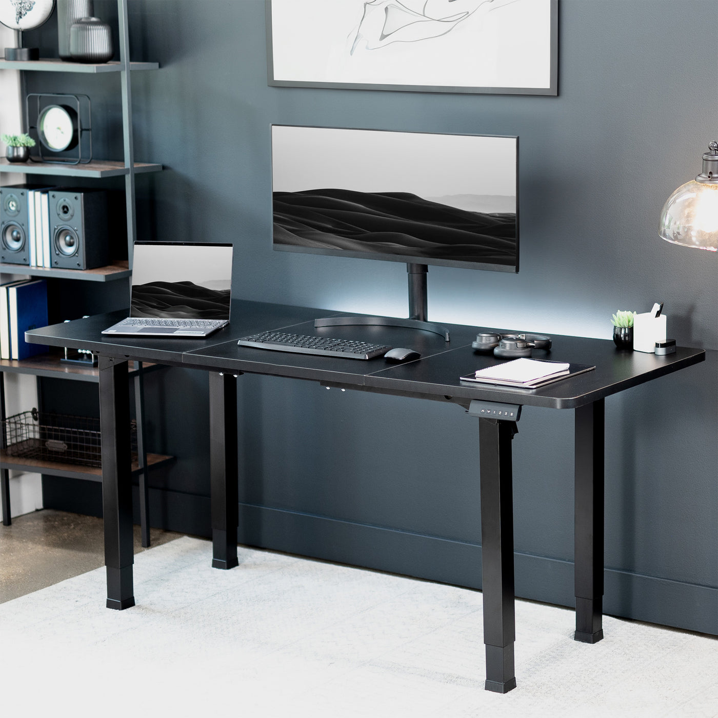 Sturdy electric desk frame with heavy-duty 4-leg design. Height adjustment with 3-setting memory controller, and frame width adjustment to personalize your workstation.
