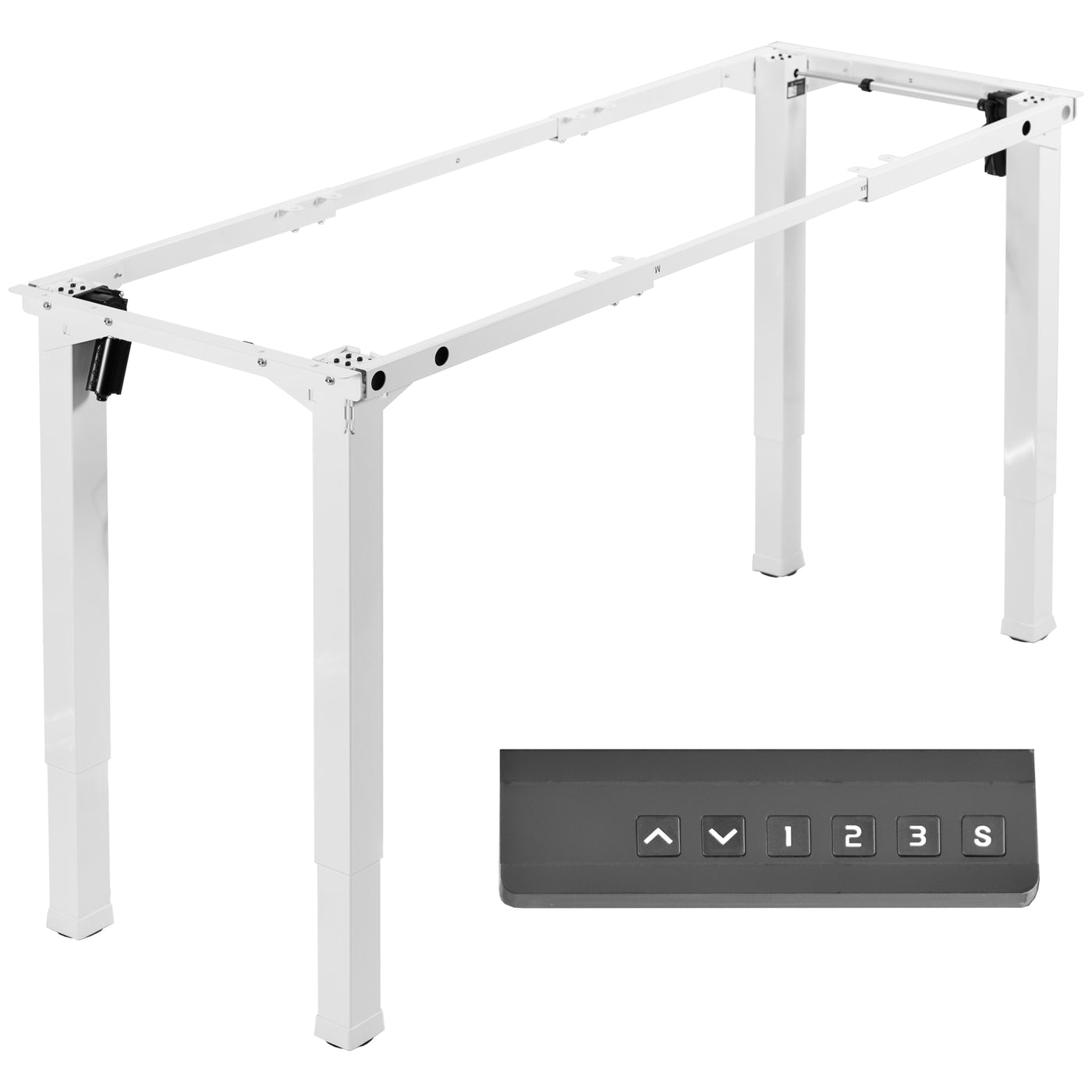 Sturdy electric desk frame with heavy-duty 4-leg design. Height adjustment with 3-setting memory controller, and frame width adjustment to personalize your workstation.