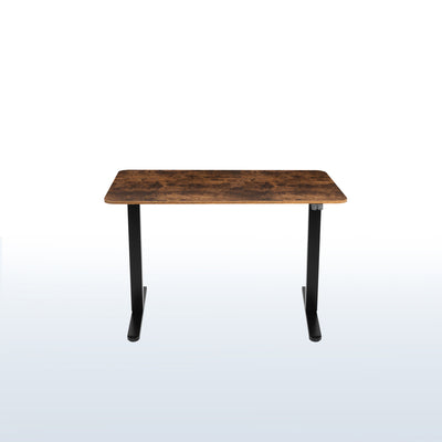Heavy-duty rustic electric height adjustable desktop workstation for active sit or stand efficient workspace.