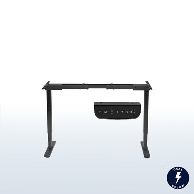Electric height adjustable dual motor desk frame with programmable memory controller.