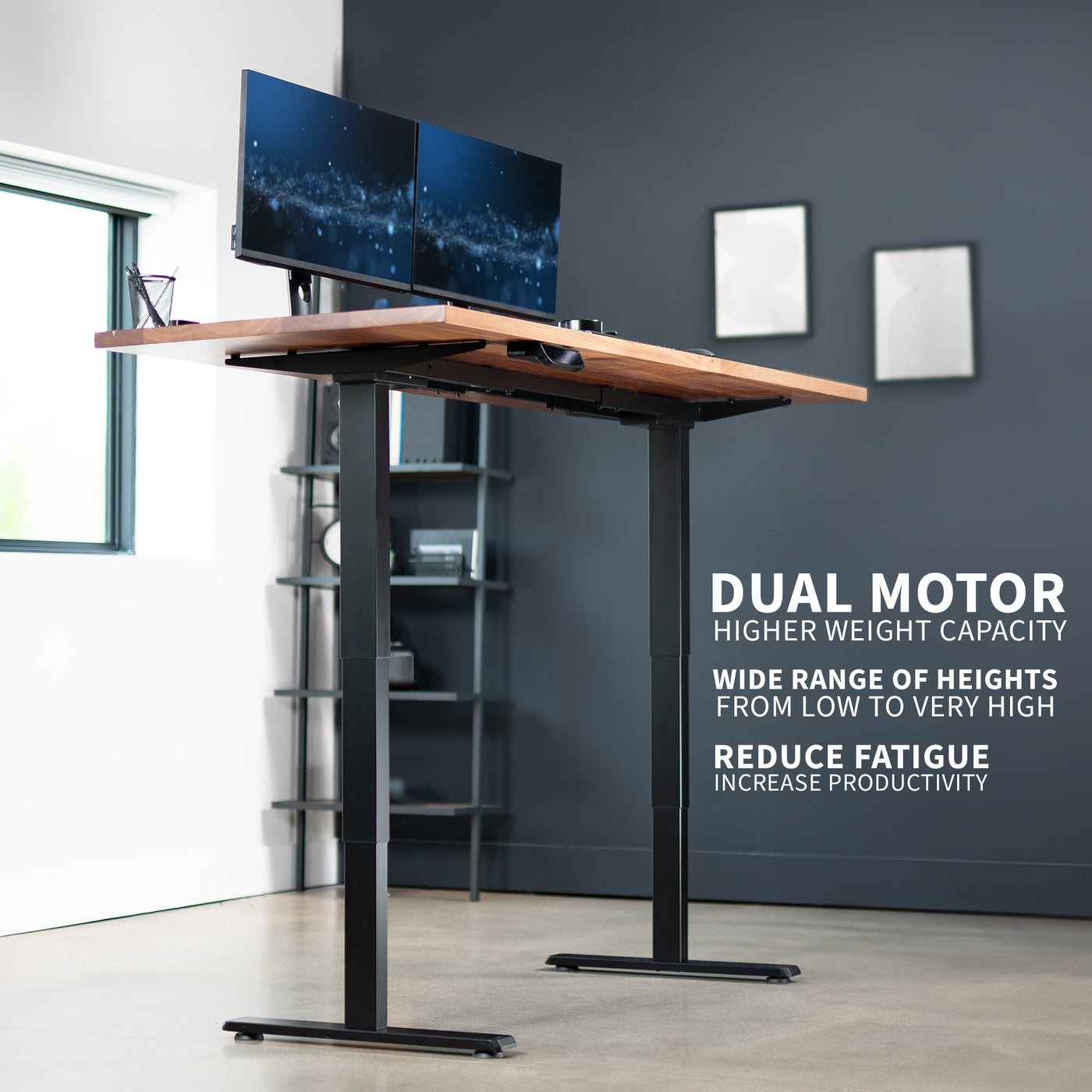 Electric height adjustable dual motor desk frame with programmable memory controller.
