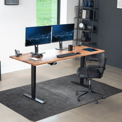 Electric height adjustable dual motor desk frame with programmable memory controller.