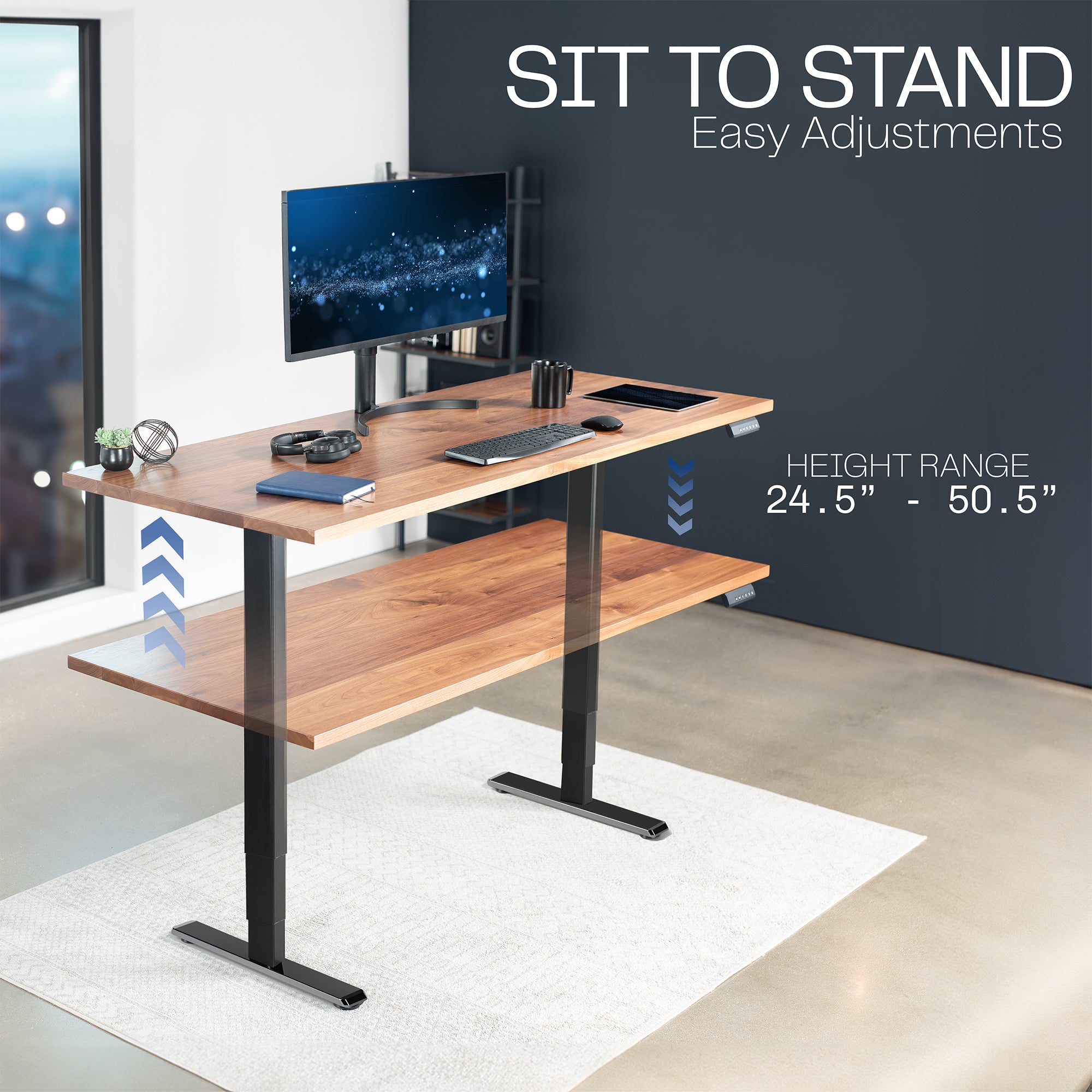 Electric height adjustable dual motor desk frame with programmable memory controller.