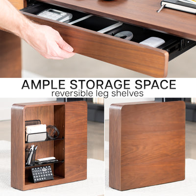 Spacious sit to stand walnut executive desk with two pull-out drawers, adjustable shelving on the reversible legs, and a built-in power strip for convenient connectivity.