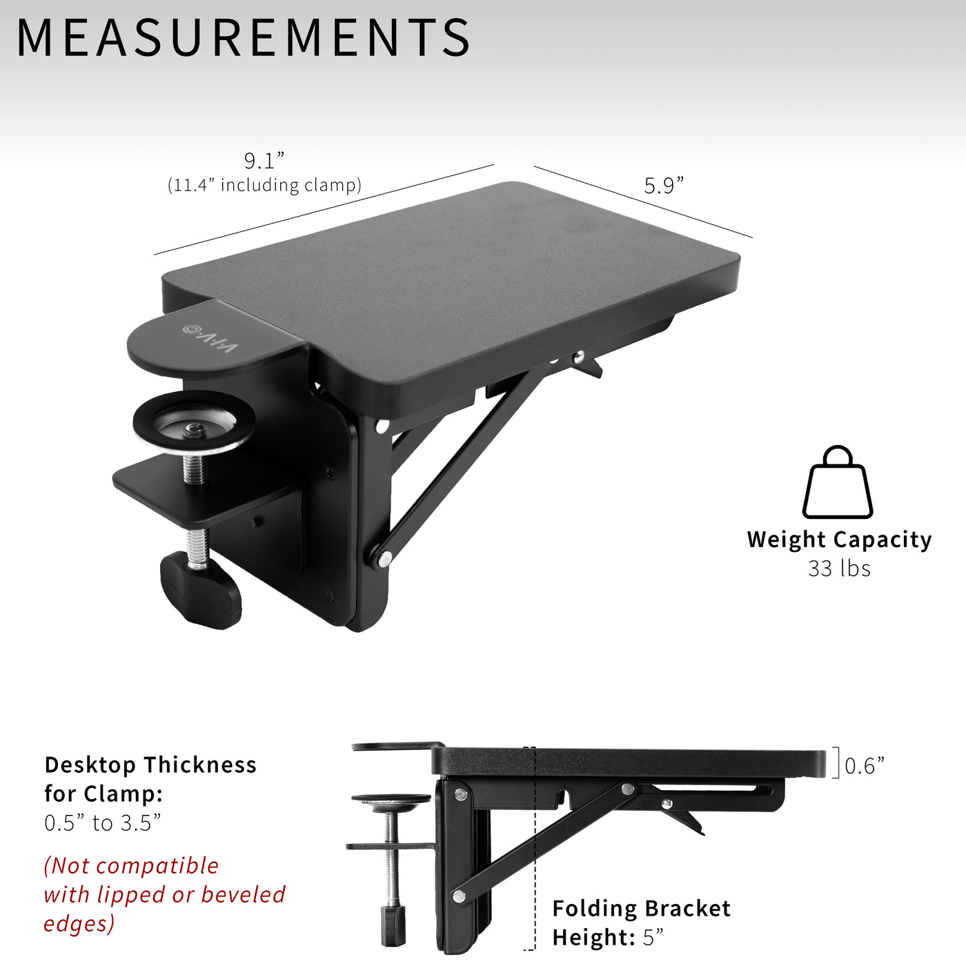 Clamp-on 6 x 9 inch (11 Including Clamps) Desk Extender, Wrist Support, Armrest Tray, Table Mount for Sit Stand Desks