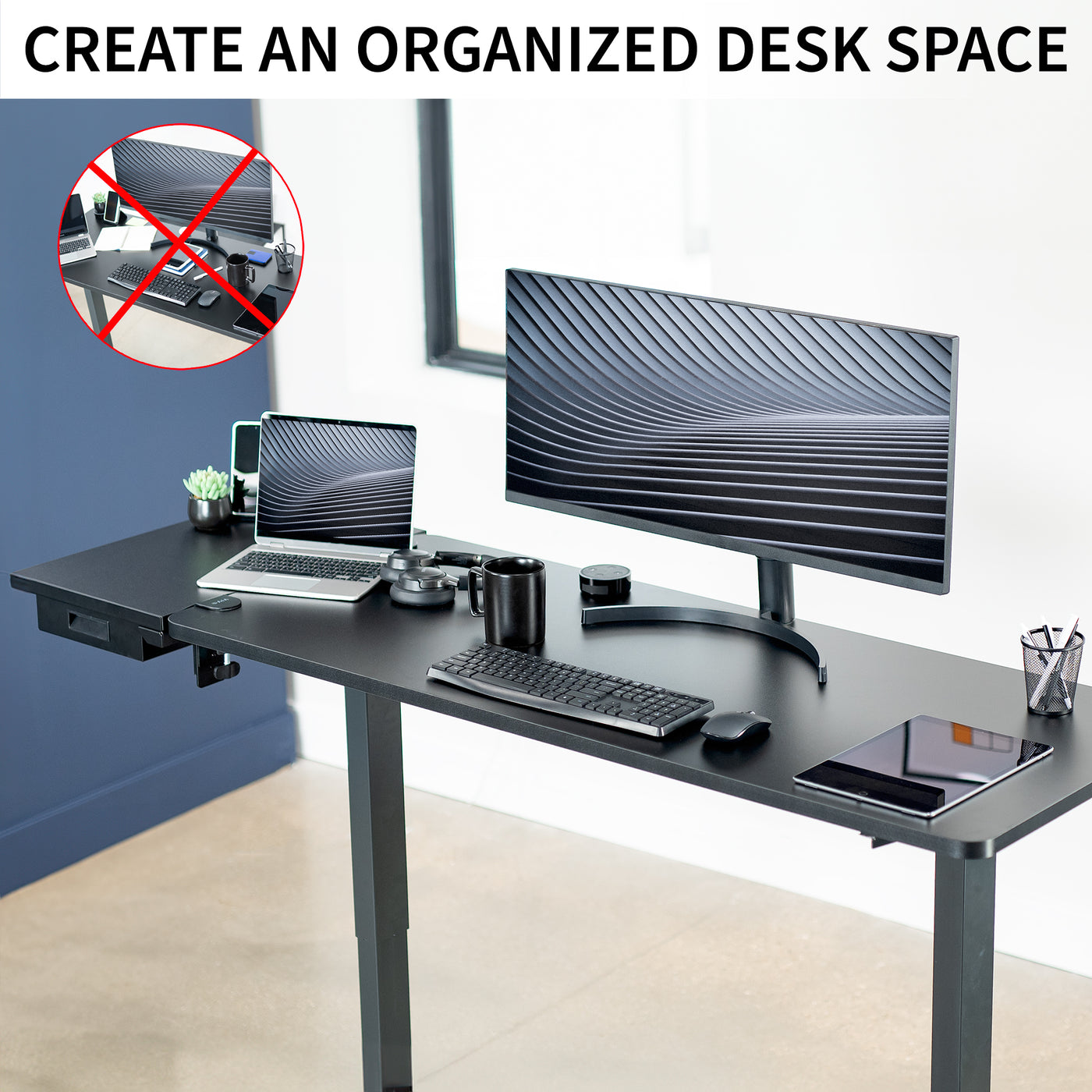 Black Clamp-on 24" x 14" Desk Extension with Storage