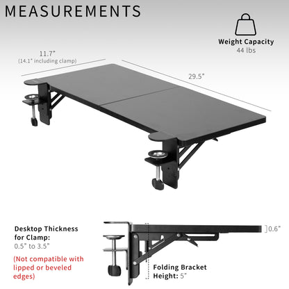 Clamp-on 30 x 12 inch (14 Including Clamps) Desk Extender, Foldable Keyboard Tray, Table Mount for Sit Stand Desks