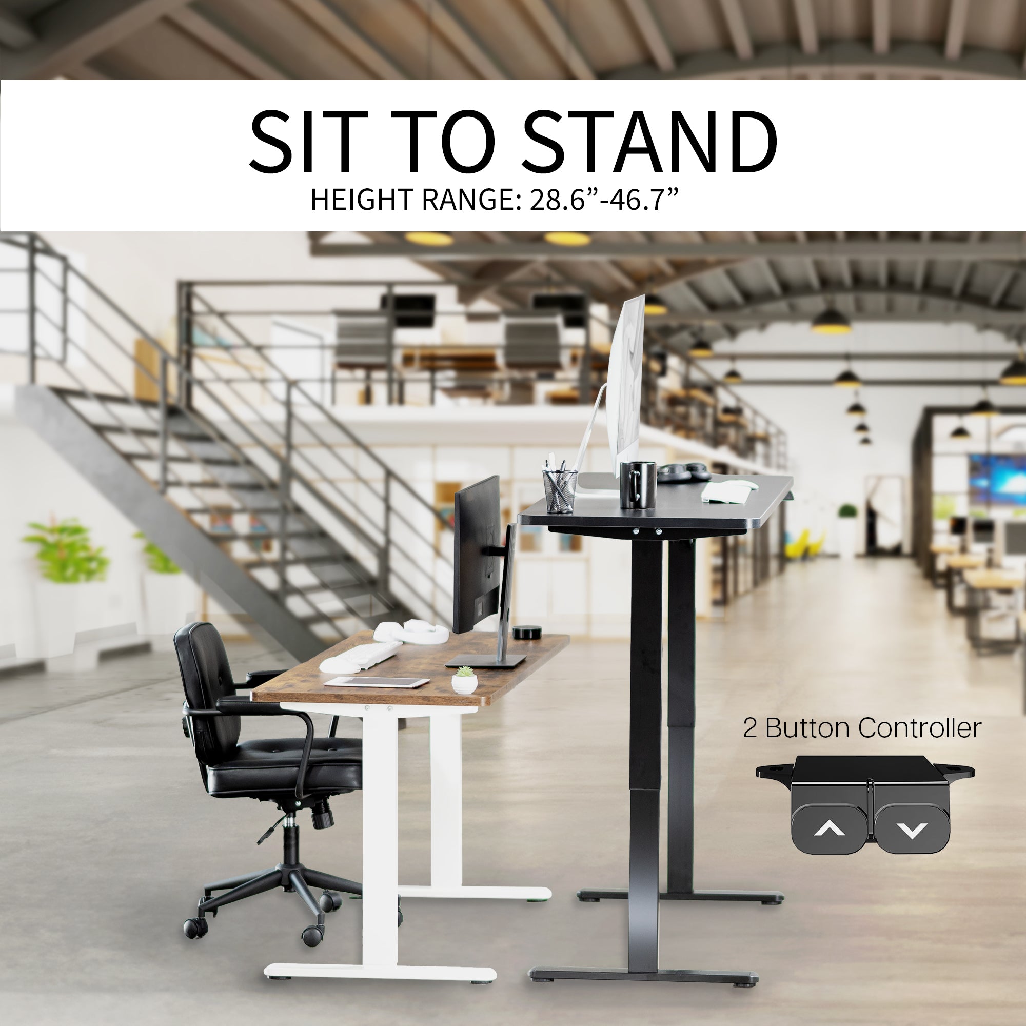 Wide surface sturdy sit or stand active workstation with adjustable height using 2 button control panel.