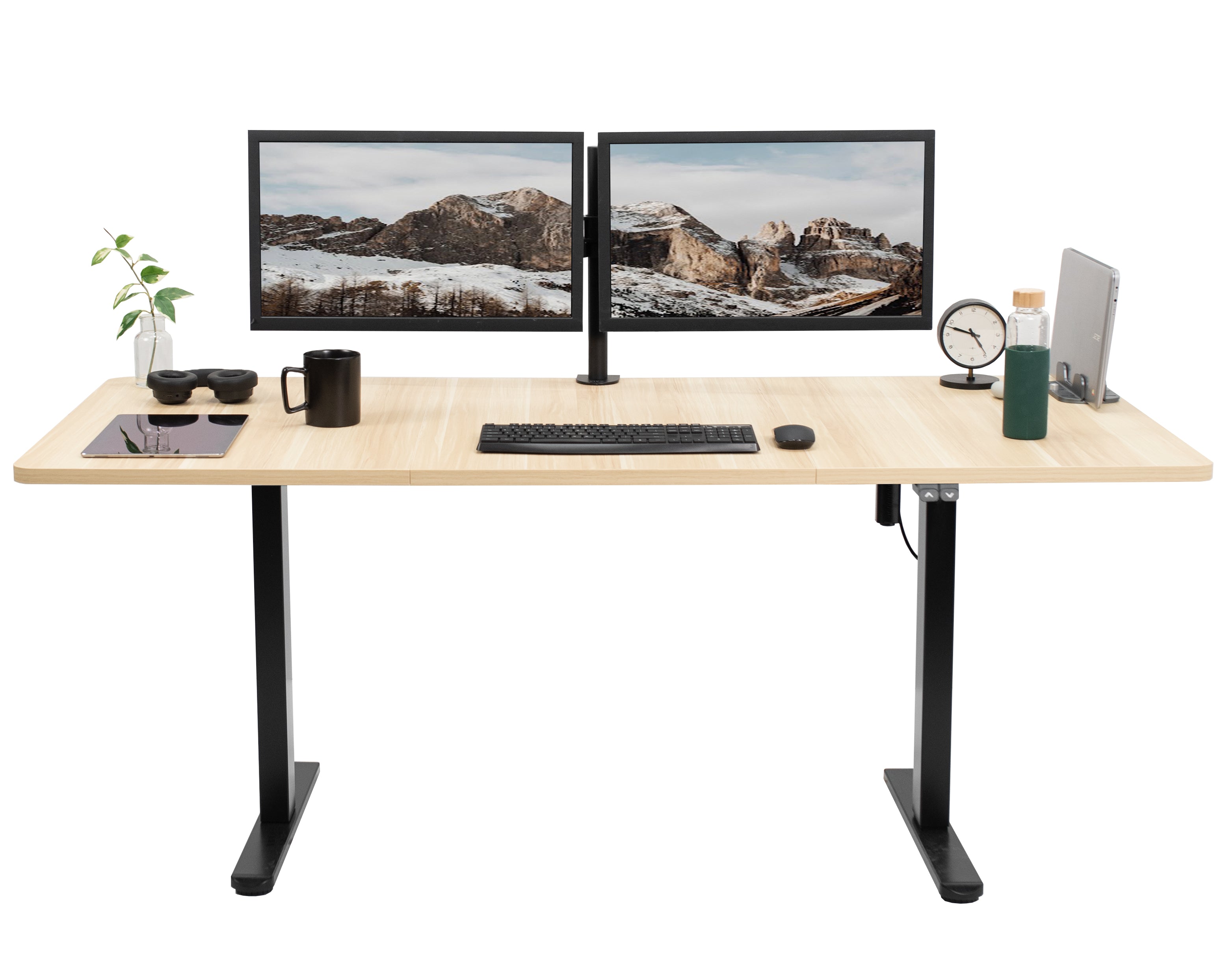 Wide surface sturdy sit or stand active workstation with adjustable height using 2 button control panel.