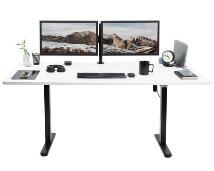 Wide surface sturdy sit or stand active workstation with adjustable height using 2 button control panel.