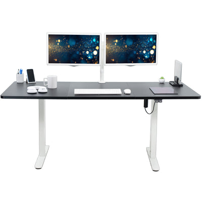 Wide surface sturdy sit or stand active workstation with adjustable height using 2 button control panel.