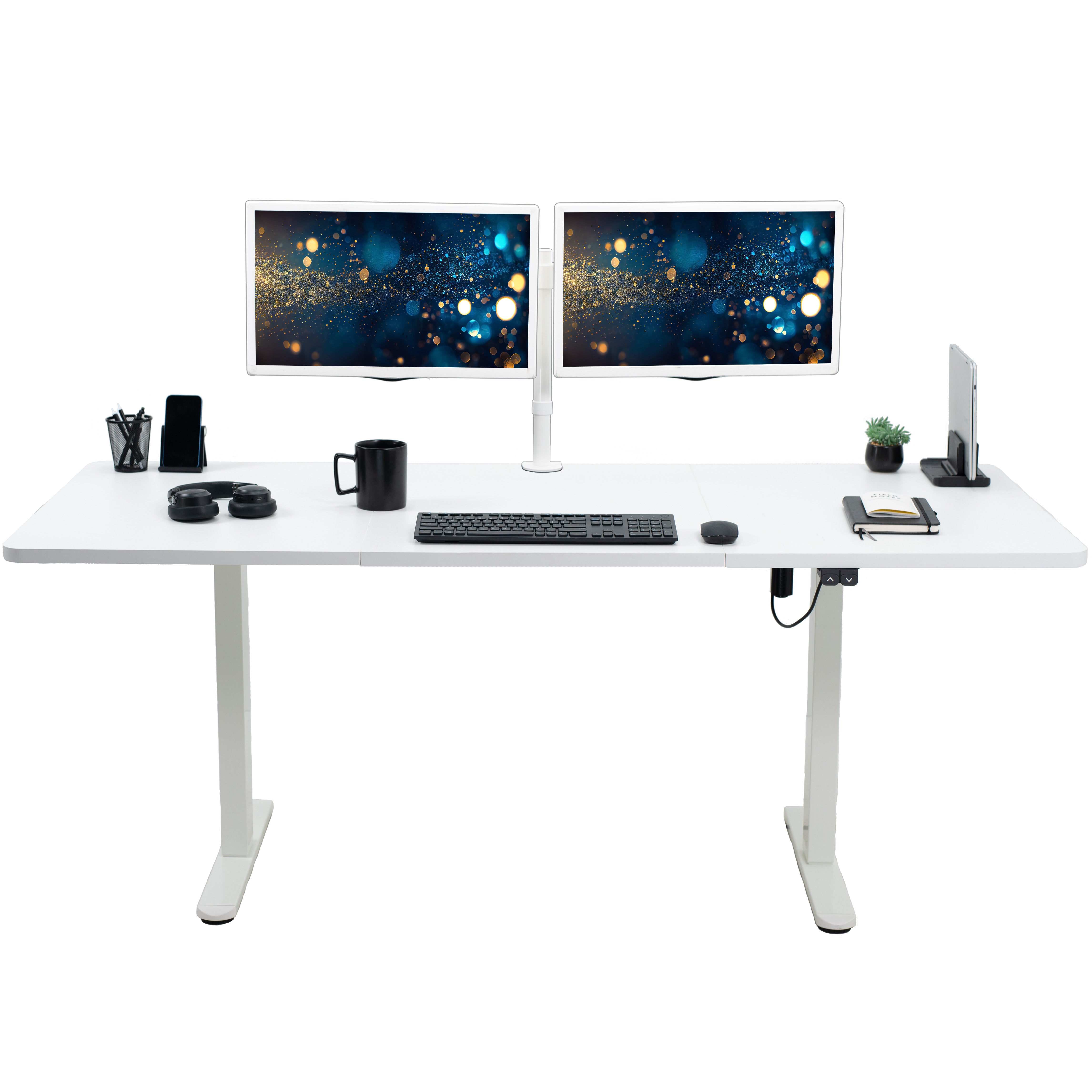 Wide surface sturdy sit or stand active workstation with adjustable height using 2 button control panel.