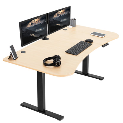 Sit to stand height adjustable electric desk with push button memory controller for ergonomic office workstation.