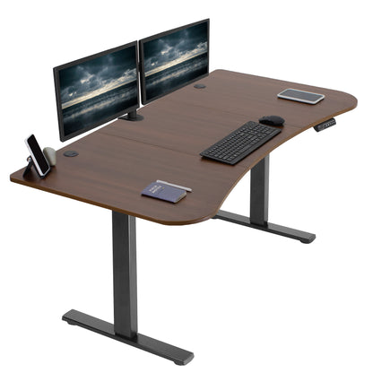 Sit to stand height adjustable electric desk with push button memory controller for ergonomic office workstation.