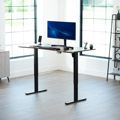 Dark walnut, electric, sit to stand, height adjustable desk in office setting.
