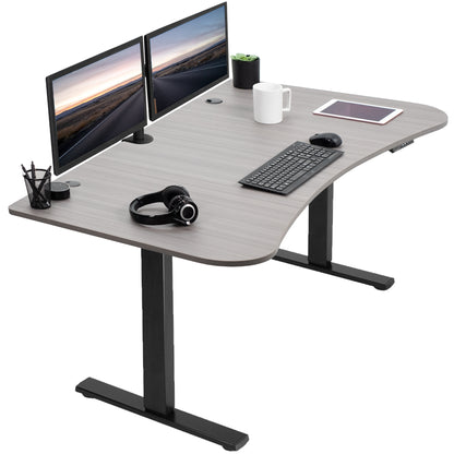 Sit to stand height adjustable electric desk with push button memory controller for ergonomic office workstation.