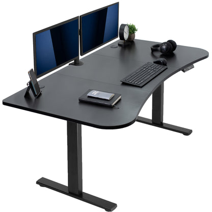 Sit to stand height adjustable electric desk with push button memory controller for ergonomic office workstation.