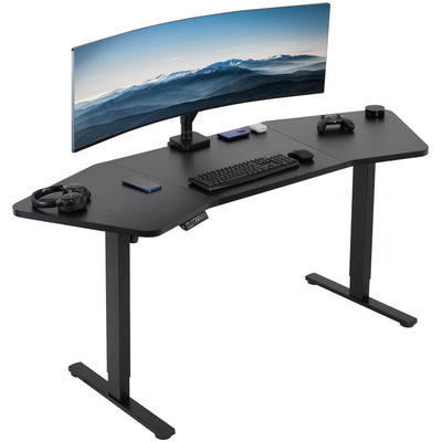 Electric Height Adjustable 71 x 24 inch Wing-Shaped Stand Up Desk for professionals working at the office or at home.