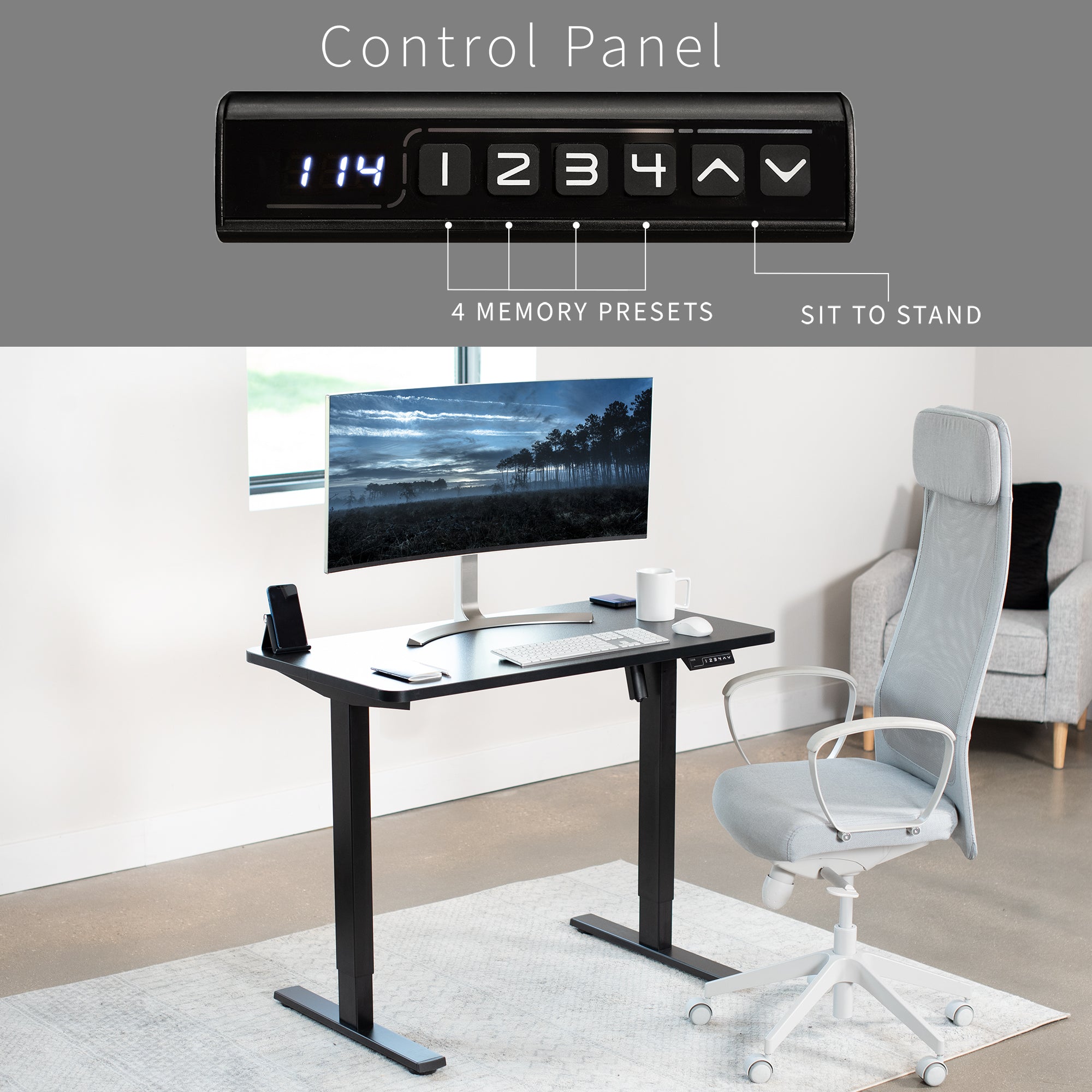 Sturdy ergonomic sit or stand active desk workstation with adjustable height using smart control panel.