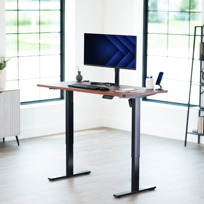 Sturdy ergonomic sit or stand active desk workstation with adjustable height using smart control panel.