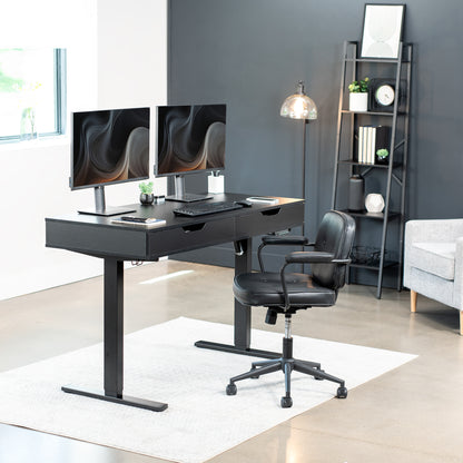 Heavy-duty electric height adjustable desk with drawers, built-in power strip, and memory controller.