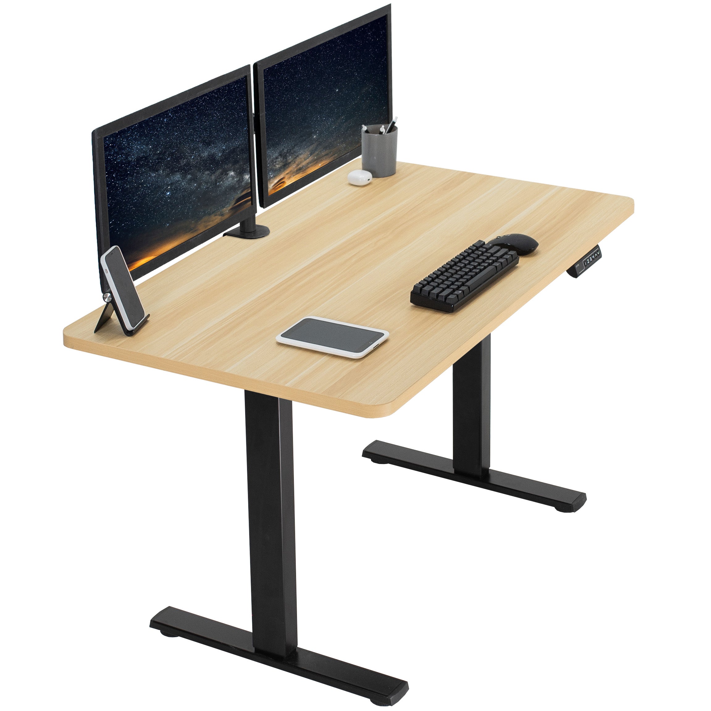 Sturdy ergonomic sit or stand active desk workstation with adjustable height using smart control panel.