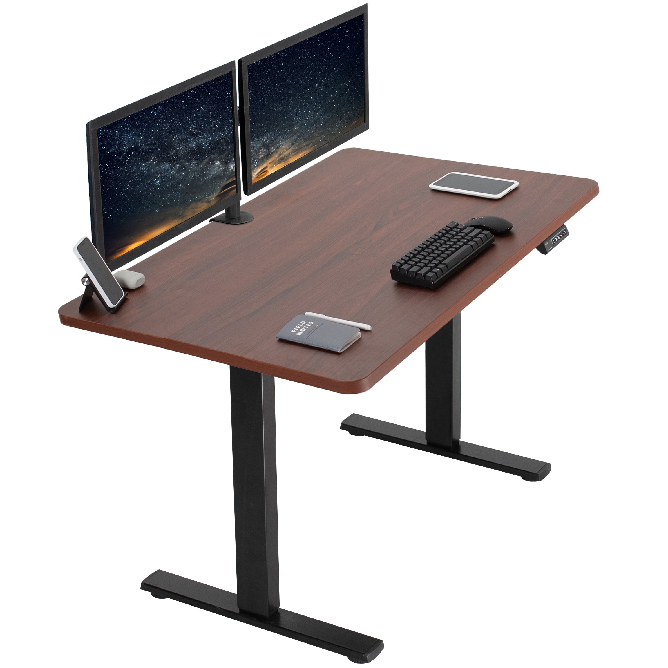 Sturdy ergonomic sit or stand active desk workstation with adjustable height using smart control panel.