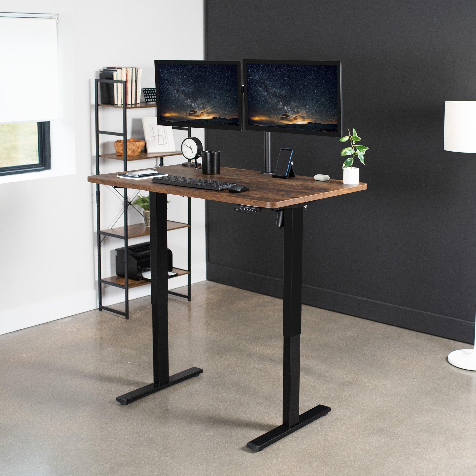 Rustic, sturdy ergonomic sit or stand active desk workstation with adjustable height using smart control panel.