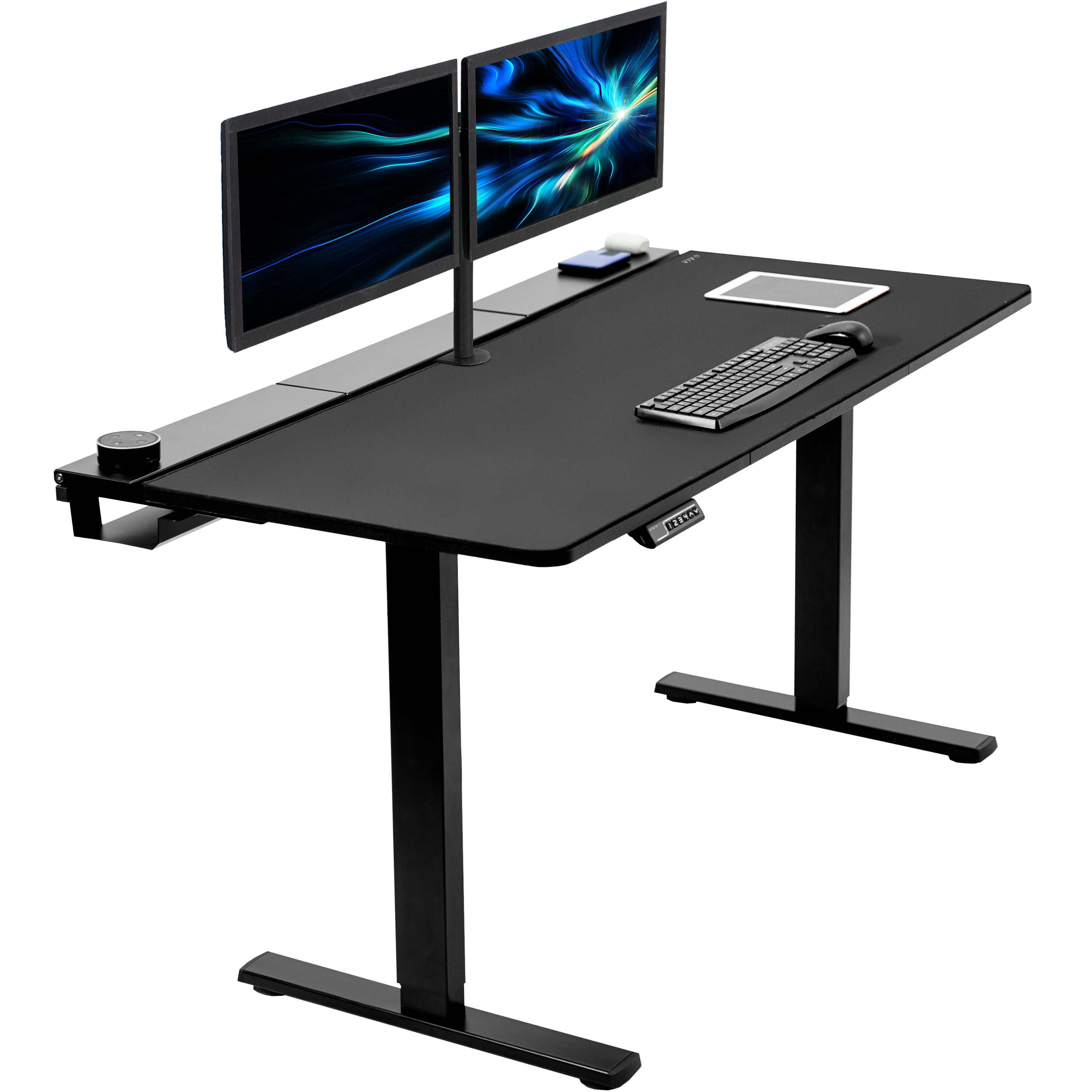 Black Table Top with Built-In Concealed Cable Trays, Complete Active Corner Standing Workstation