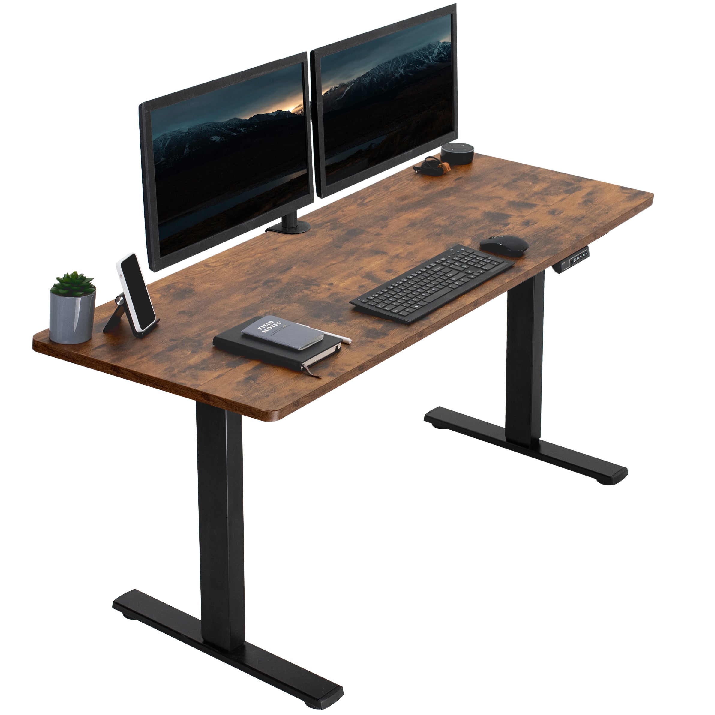 Rustic, sturdy ergonomic sit or stand active desk workstation with adjustable height using smart control panel.